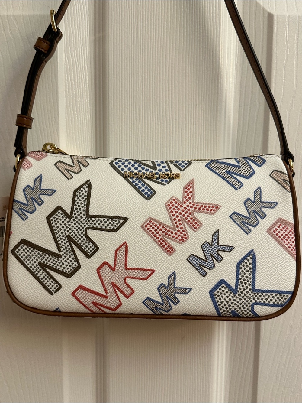 Michael Kors White Shoulder Bag with Multicolor MK Logo Print